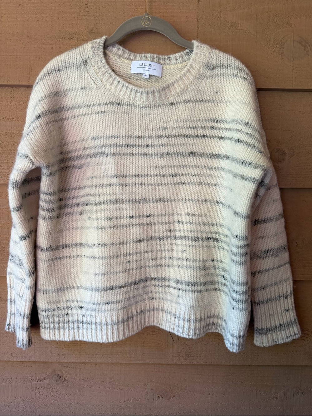 La Ligne Womens XS Chunky Knit Wool Blend Striped Sweater Cream Gray Marled Cozy